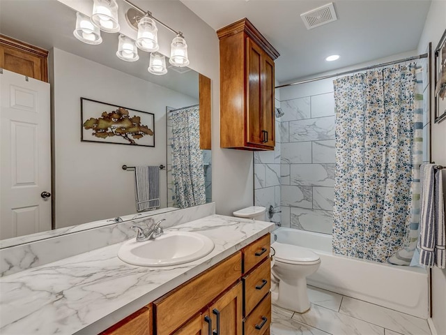 1466 County Rd 1188, Tuttle, OK 73089 - full bathroom featuring vanity, marble look tile flooring, shower / bathtub combination with curtain, and recessed lighting