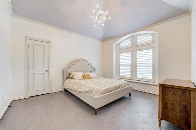 14812 Maplelake Dr, Edmond, OK 73013 - bedroom with a chandelier, baseboards, ornamental molding, and lofted ceiling