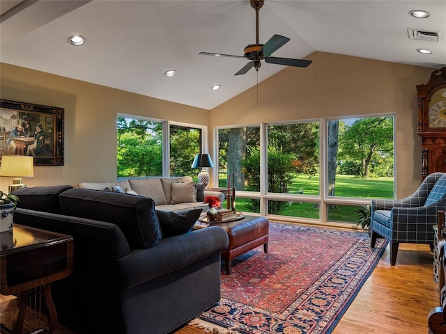2901 NE 122nd St, Edmond, OK 73013 - living area with a ceiling fan, recessed lighting, wood finished floors, and high vaulted ceiling
