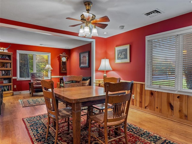 2901 NE 122nd St, Edmond, OK 73013 - dining area featuring hardwood / wood-style floors, a wainscoted wall, ceiling fan, and wooden walls