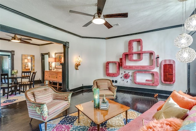 1217 NW 44th St, Oklahoma City, OK 73118 - living room with a ceiling fan, ornamental molding, wood finished floors, and baseboards
