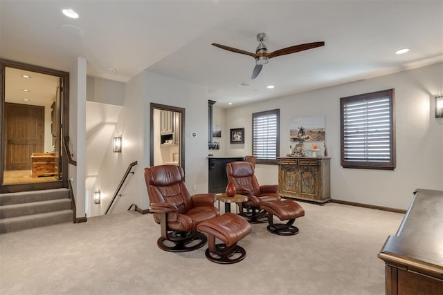 7616 NW 134th St, Oklahoma City, OK 73142 - living area with light carpet, recessed lighting, ceiling fan, and baseboards