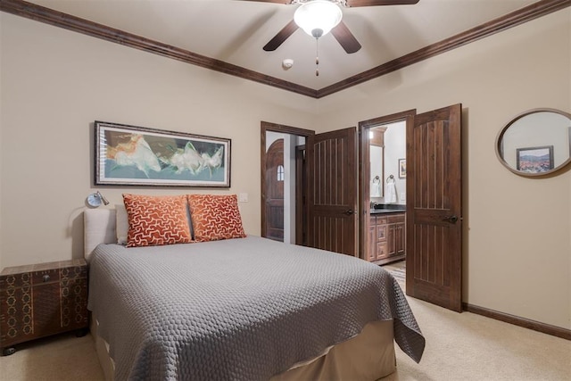 7616 NW 134th St, Oklahoma City, OK 73142 - bedroom with ornamental molding, light carpet, ceiling fan, ensuite bathroom, and baseboards