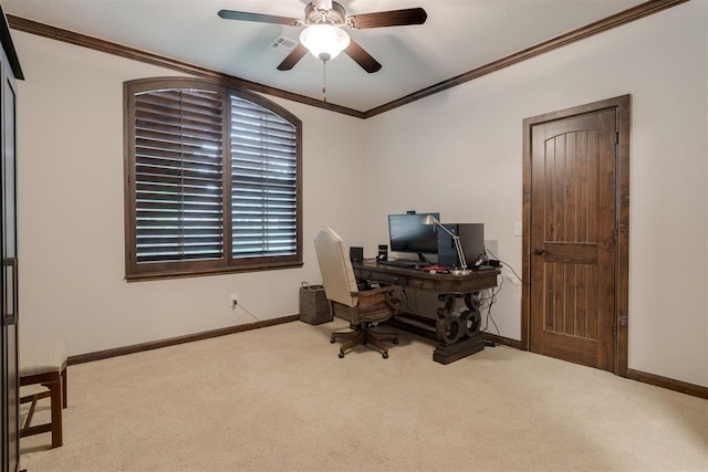 7616 NW 134th St, Oklahoma City, OK 73142 - office space with carpet floors, crown molding, baseboards, and a ceiling fan