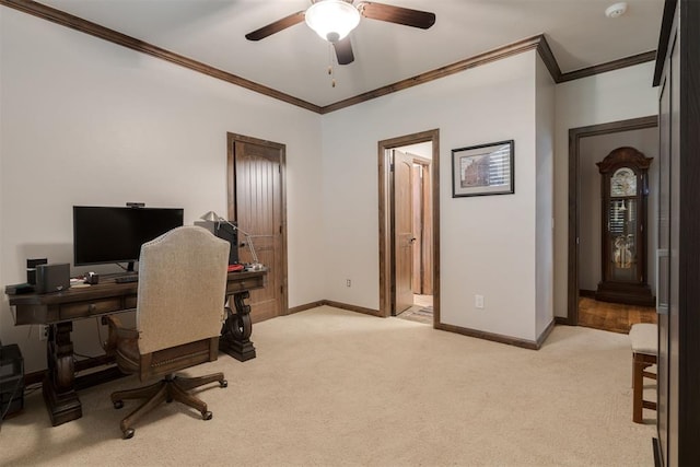 7616 NW 134th St, Oklahoma City, OK 73142 - home office with ornamental molding, light colored carpet, a ceiling fan, and baseboards