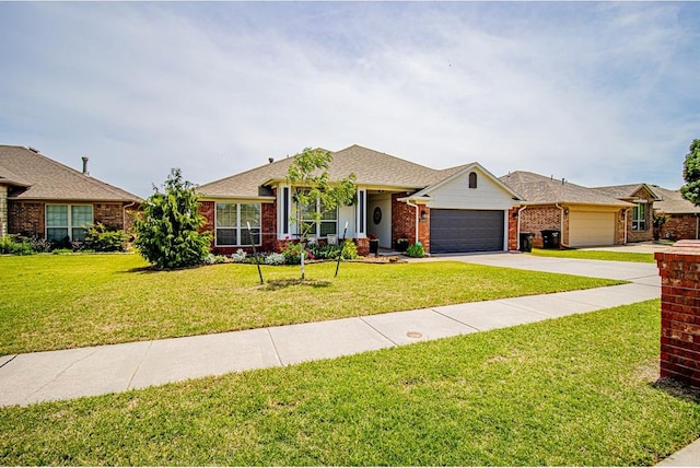 708 Ashwood Ln, Moore, OK 73160 - ranch-style home featuring a garage, a front lawn, brick siding, and concrete driveway
