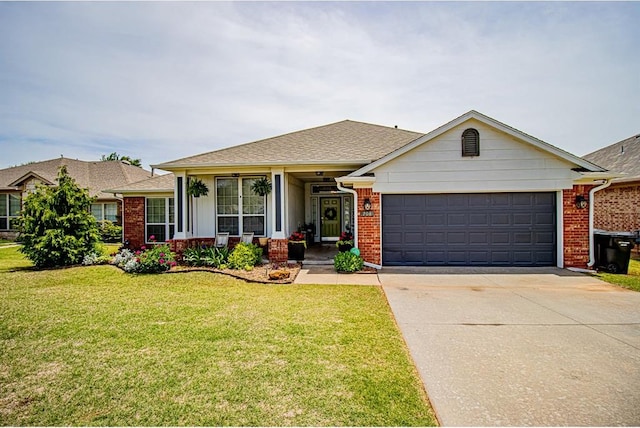 708 Ashwood Ln, Moore, OK 73160 - ranch-style home featuring a garage, brick siding, concrete driveway, and a front yard