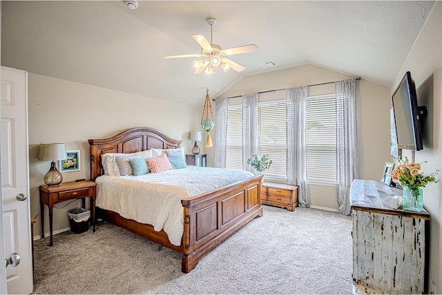 708 Ashwood Ln, Moore, OK 73160 - bedroom featuring vaulted ceiling, light colored carpet, baseboards, and ceiling fan