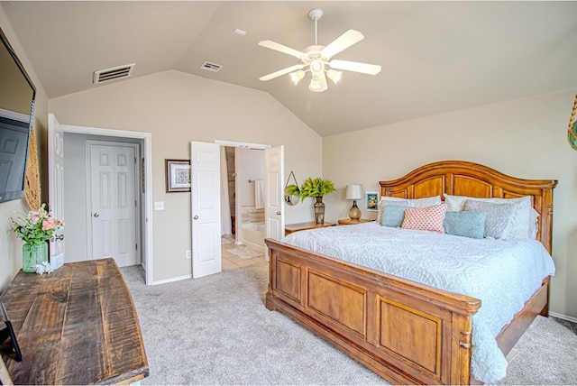 708 Ashwood Ln, Moore, OK 73160 - bedroom featuring light carpet, vaulted ceiling, baseboards, a ceiling fan, and ensuite bath