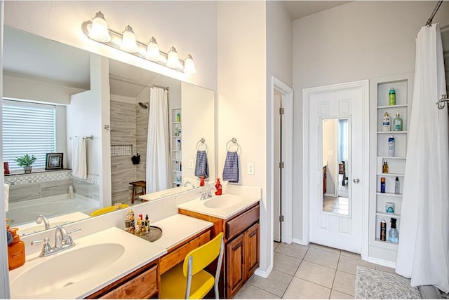 708 Ashwood Ln, Moore, OK 73160 - full bath with tile patterned flooring, double vanity, a tub to relax in, and a shower with shower curtain