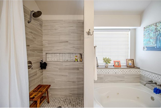 708 Ashwood Ln, Moore, OK 73160 - bathroom featuring tiled shower and a whirlpool tub