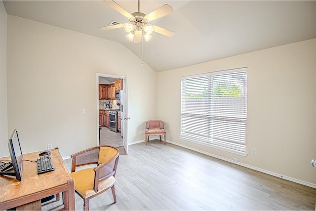 708 Ashwood Ln, Moore, OK 73160 - office space featuring a ceiling fan, light wood-style flooring, vaulted ceiling, and baseboards