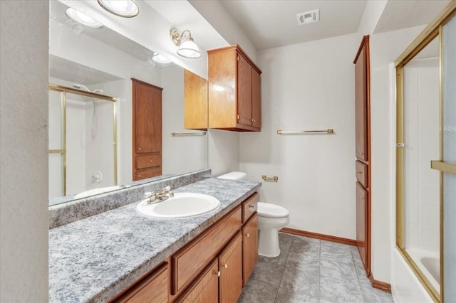 826 Stone Dr, Blanchard, OK 73010 - bathroom featuring an enclosed shower, toilet, vanity, baseboards, and a bathtub