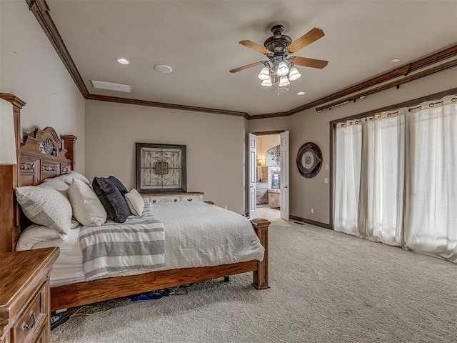 4401 Cannon Dr, Norman, OK 73072 - bedroom with ornamental molding, light carpet, ensuite bath, ceiling fan, and recessed lighting