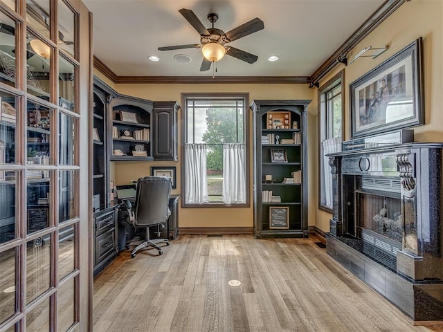 4401 Cannon Dr, Norman, OK 73072 - home office with ornamental molding, light wood-style flooring, ceiling fan, and recessed lighting