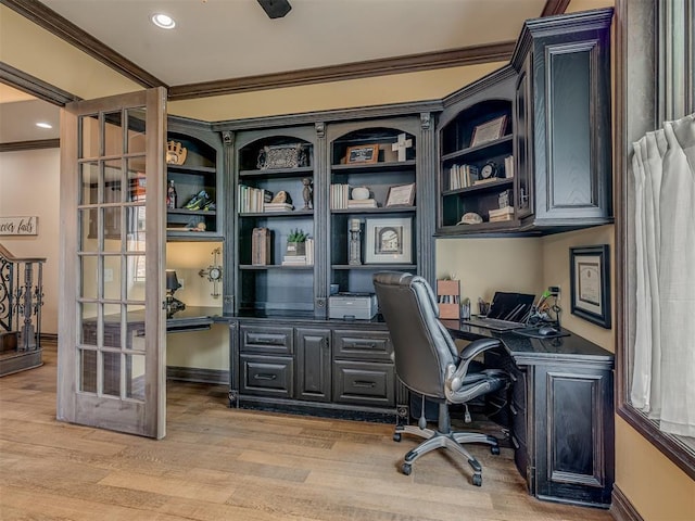 4401 Cannon Dr, Norman, OK 73072 - home office featuring crown molding, light wood finished floors, recessed lighting, and french doors