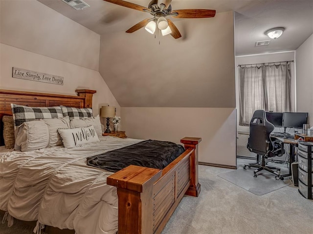 4401 Cannon Dr, Norman, OK 73072 - carpeted bedroom with an office area, a ceiling fan, and lofted ceiling