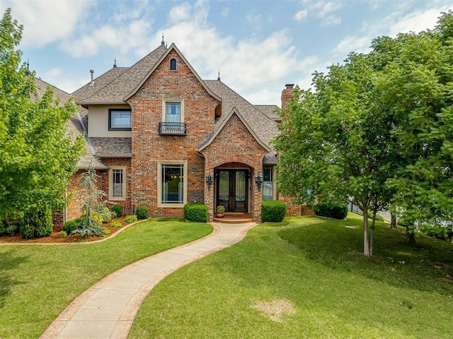 4401 Cannon Dr, Norman, OK 73072 - traditional-style house with roof with shingles, french doors, a chimney, and brick siding