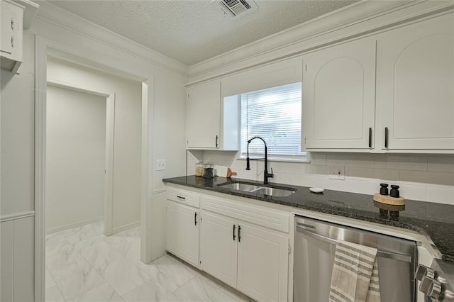 121 NW 79th St, Oklahoma City, OK 73114 - kitchen with a sink, stainless steel dishwasher, light marble finish flooring, white cabinetry, and crown molding