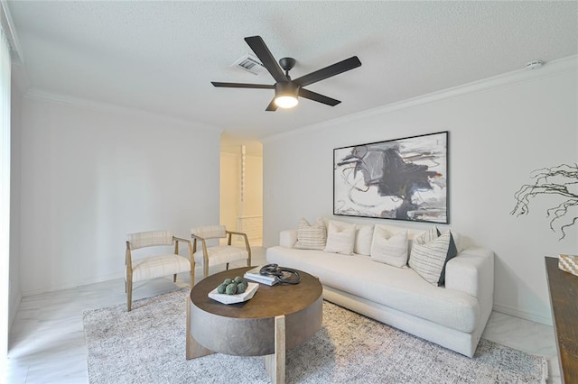 121 NW 79th St, Oklahoma City, OK 73114 - living room featuring ornamental molding, ceiling fan, and a textured ceiling