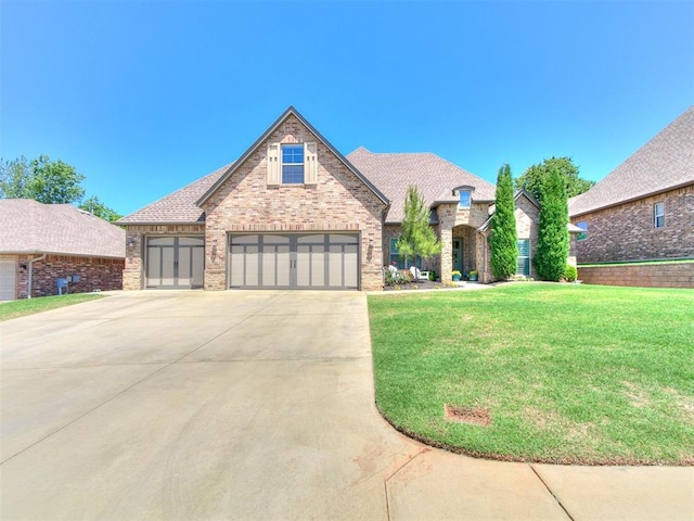 4133 Carmina Dr, Edmond, OK 73034 - french country style house featuring a front yard, concrete driveway, and brick siding