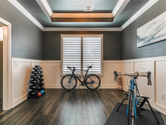 4133 Carmina Dr, Edmond, OK 73034 - exercise room with a raised ceiling, crown molding, a decorative wall, wood finished floors, and wainscoting
