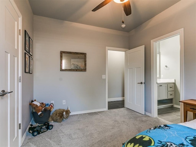 4133 Carmina Dr, Edmond, OK 73034 - unfurnished bedroom featuring carpet flooring, baseboards, ensuite bathroom, and a ceiling fan