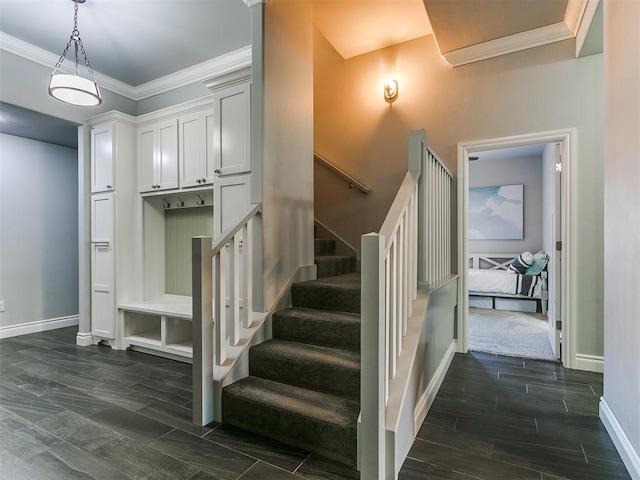 4133 Carmina Dr, Edmond, OK 73034 - stairway featuring baseboards, ornamental molding, and wood tiled floors