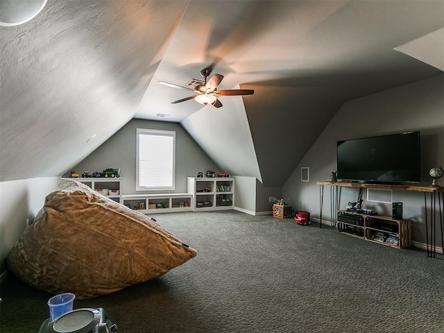 4133 Carmina Dr, Edmond, OK 73034 - rec room with carpet floors, lofted ceiling, a ceiling fan, and baseboards