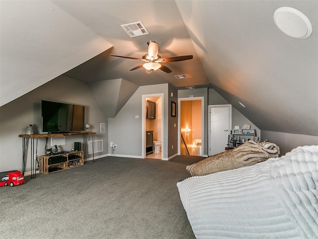 4133 Carmina Dr, Edmond, OK 73034 - bedroom featuring carpet floors, lofted ceiling, baseboards, and ensuite bathroom