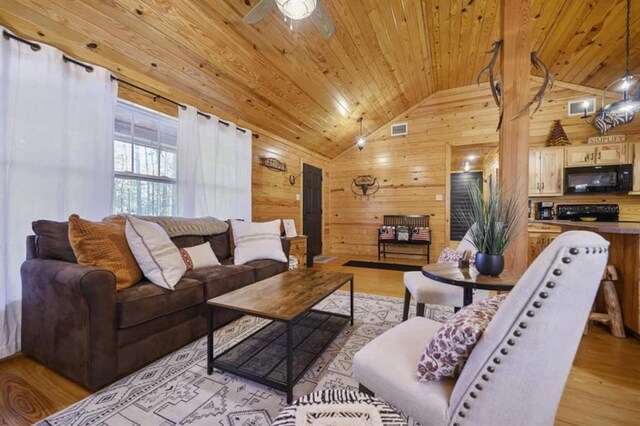 47 Sockeye Rd, Broken Bow, OK 74728 - living room with wood walls, lofted ceiling, wooden ceiling, ceiling fan, and light wood-type flooring