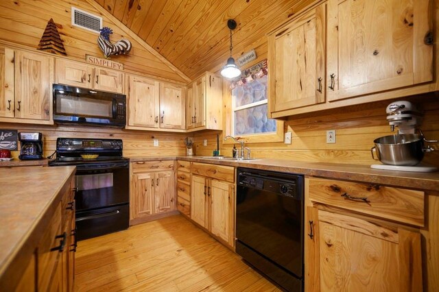 47 Sockeye Rd, Broken Bow, OK 74728 - kitchen featuring black appliances, lofted ceiling, wooden ceiling, a sink, and light wood-type flooring