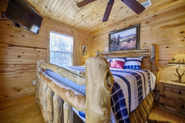 47 Sockeye Rd, Broken Bow, OK 74728 - bedroom with wood finished floors, wood walls, wooden ceiling, and a ceiling fan