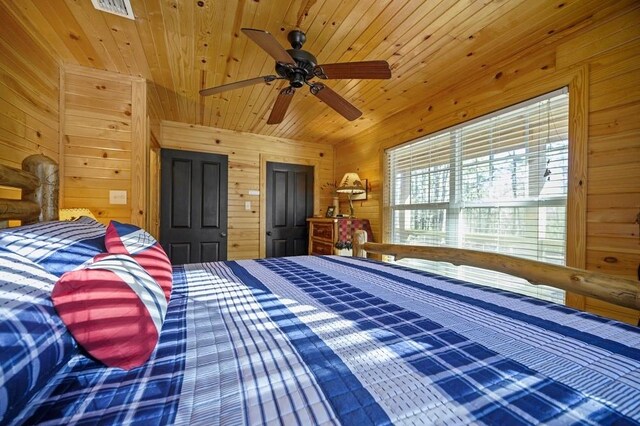 47 Sockeye Rd, Broken Bow, OK 74728 - bedroom with wooden walls, wood ceiling, and a ceiling fan