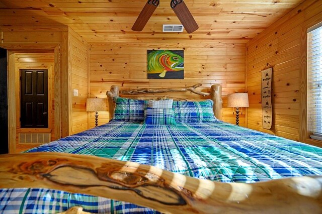 47 Sockeye Rd, Broken Bow, OK 74728 - bedroom featuring wooden ceiling, wooden walls, and a ceiling fan