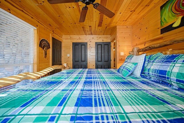 47 Sockeye Rd, Broken Bow, OK 74728 - unfurnished bedroom with wood ceiling, wood walls, and ceiling fan