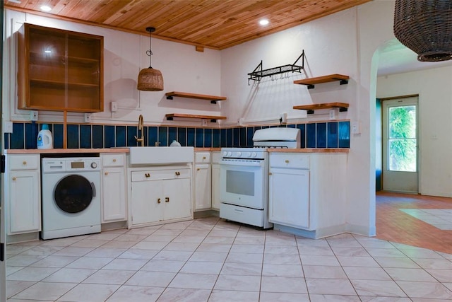 723 W Leslie St, Pauls Valley, OK 73075 - kitchen with washer / dryer, open shelves, wooden ceiling, a sink, and white gas range oven