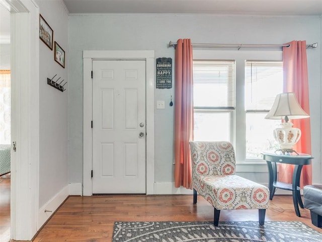 entryway with plenty of natural light, wood finished floors, and ornamental molding
