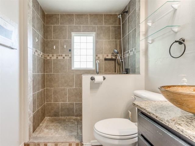 full bath with walk in shower, toilet, and vanity