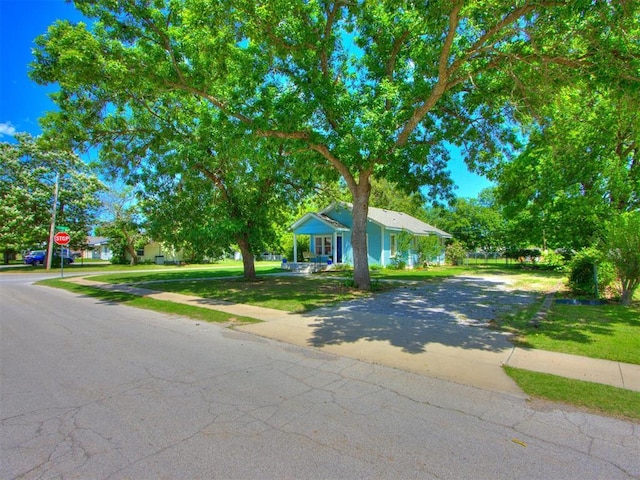 view of front facade with concrete driveway and a front lawn