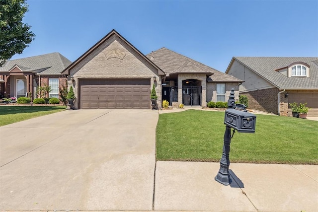 16709 Covington Mnr, Edmond, OK 73012 - french country inspired facade featuring an attached garage, brick siding, driveway, and a front lawn