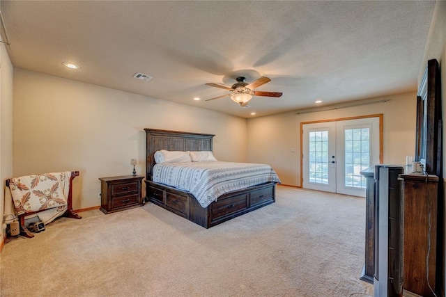 16070 N County Road 3264, Pauls Valley, OK 73075 - bedroom with french doors, access to exterior, light colored carpet, recessed lighting, and ceiling fan