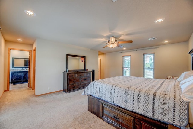 16070 N County Road 3264, Pauls Valley, OK 73075 - bedroom featuring light carpet, recessed lighting, baseboards, and a ceiling fan