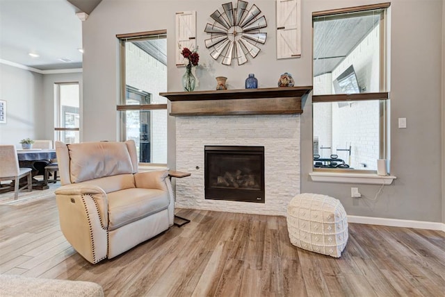8624 Grey Wind Way, Arcadia, OK 73007 - living area with wood finished floors, ornamental molding, baseboards, and a fireplace