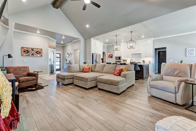 8624 Grey Wind Way, Arcadia, OK 73007 - living area with ceiling fan, light wood-type flooring, beam ceiling, high vaulted ceiling, and recessed lighting