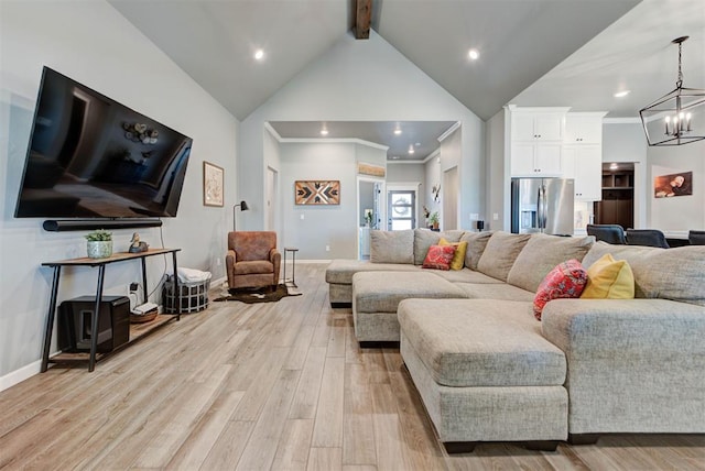 8624 Grey Wind Way, Arcadia, OK 73007 - living area with beam ceiling, light wood finished floors, a chandelier, recessed lighting, and crown molding