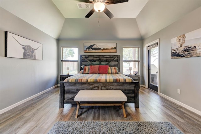 8624 Grey Wind Way, Arcadia, OK 73007 - bedroom featuring lofted ceiling, wood finished floors, baseboards, and ceiling fan