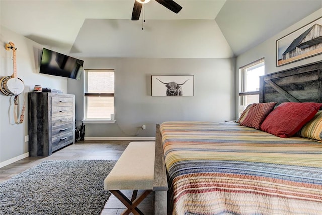 8624 Grey Wind Way, Arcadia, OK 73007 - bedroom with wood finished floors, baseboards, vaulted ceiling, and ceiling fan
