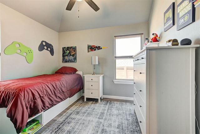 8624 Grey Wind Way, Arcadia, OK 73007 - bedroom with vaulted ceiling, wood finished floors, baseboards, and a ceiling fan