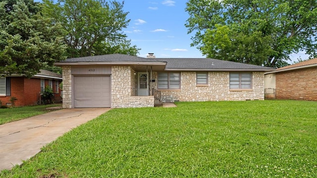 4313 SE 13th St, Oklahoma City, OK 73115 - view of front of house featuring stone siding, an attached garage, concrete driveway, and a front lawn